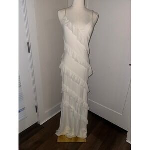 Thats So Fetch White Ruffle Maxi Dress Spaghetti Strap Formal Evening Gown USA 8